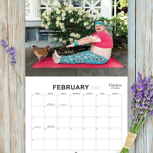 May include: A 2027 wall calendar for February titled Chicken Daddies. The image shows a person in a red striped crop top and floral leggings doing yoga on a red mat next to a chicken. Text includes Christian & Irene, Fairview, Oregon, U.S.