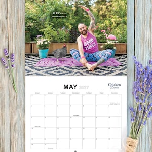 May include: A wall calendar for May 2027 titled Chicken Daddies featuring a photograph of a person in a pink tank top with the text GOOD TIMES and patterned leggings doing yoga on a mat with a chicken in a garden setting.