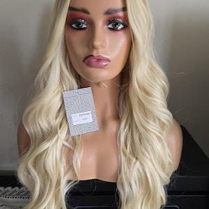 Curly Blonde Lace Wigs Synthetic Hair middle part Lace Front Wig Pre Plucked Wavy | Light blonde ladies womens long lace front wig