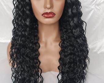May include: A long, black, curly human hair wig with a lace front.