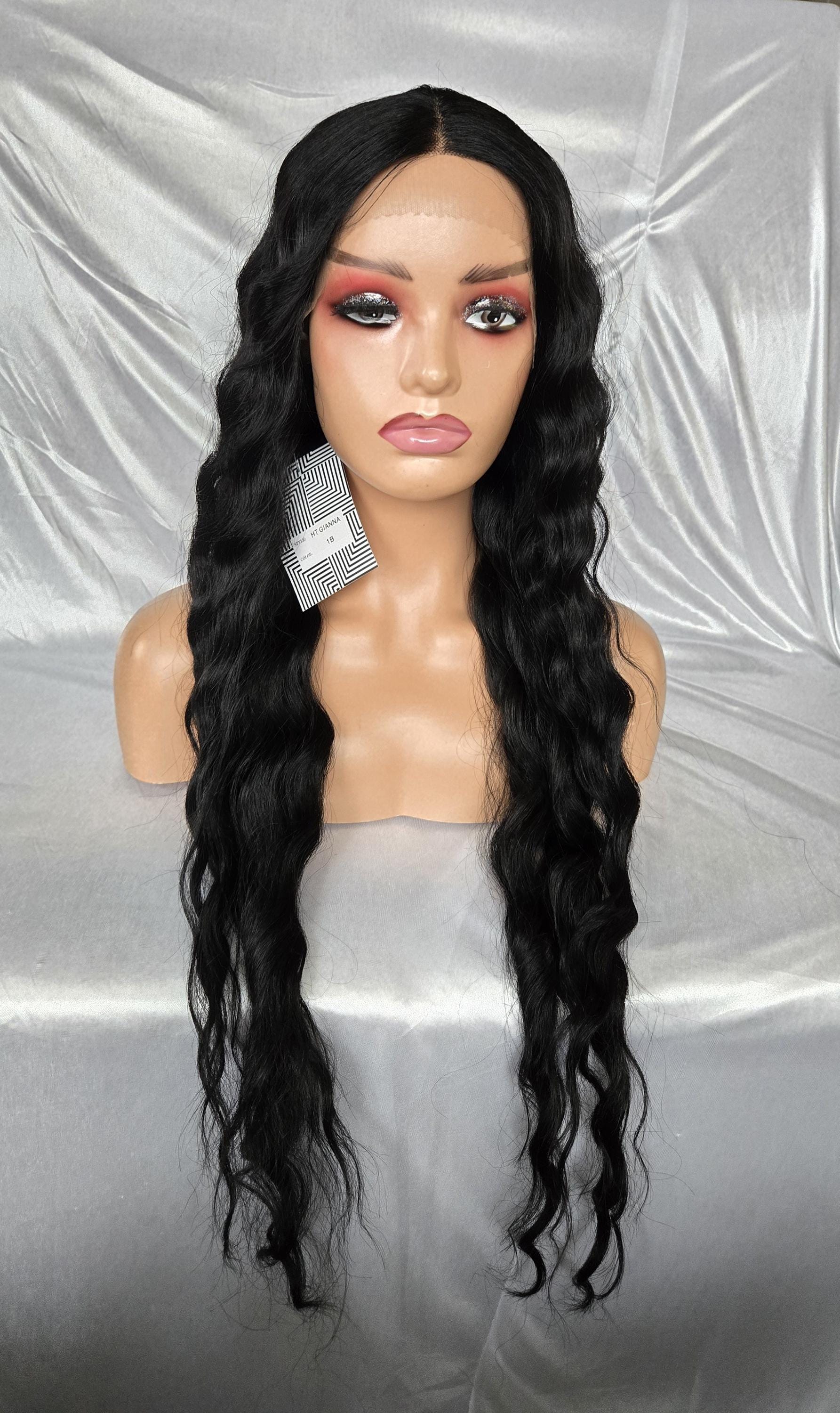 Black wavy t part frontal lace synthetic wig / long black wavy lace wig