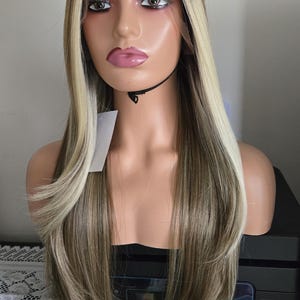 Brown Blonde straight highlight lace frontal synthetic wig/premium high heat Resistant fibre