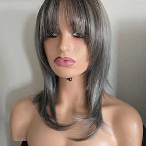 Grey Layered synthetic natural wig with bangs for women / Grey mixed black fringe synthetic wigs