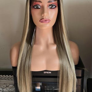 Brown Blonde straight highlight lace frontal synthetic wig/premium high heat Resistant fibre