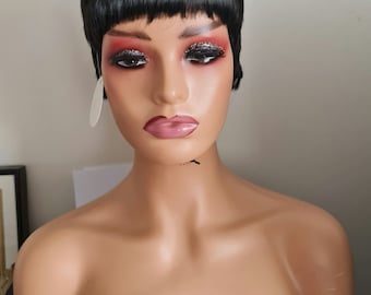 Short Black Pixie Cut Wig with Bangs, Heat Resistant Synthetic Wig