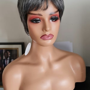 Swoop Bang Pixie Cut Wig Gray Mix Short Style Wig Salt Pepper Gray Hair Wig /Gray Pixie Short Cut Synthetic Hair Wig/ dark grey PixieCut wig