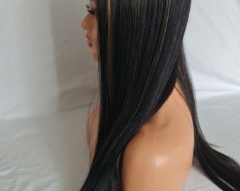 Long Black Straight Lace Frontal Wig, Heat Resistant, Middle Part