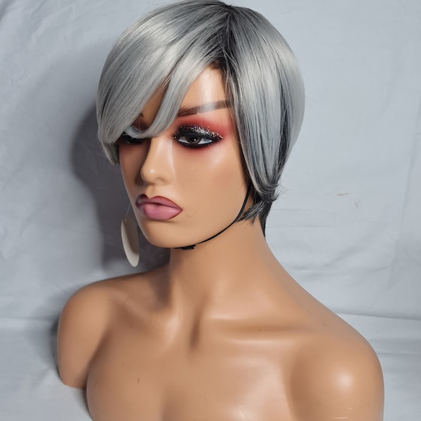 Swoop Bang Pixie Cut Wig Gray Mix black Short Style Wig Salt Pepper Gray Hair Wig /Gray Pixie Short Cut Synthetic Hair Wig