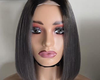 Ombre Grey Human Hair Bob Wig, 2x6 Lace Closure