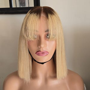 Blonde Bob human hair Wig with Bangs & Dark Roots / short straight   vietename bob human hair wig