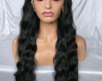 ロングブラックウェーブレースフロントウィッグ / ブラックウェーブレースフロント合成ウィッグ