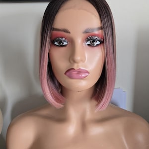 Ombre Pink Bob wig Straight Bob wig short Ombre pink Hair , Synthetic Lace 10 inch Wig for Women  Pink Straight lace wig