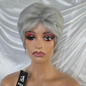 Swoop Bang Pixie Cut Wig Gray Mix Short Style Wig Salt Pepper Gray Hair Wig /Gray Pixie Short Cut Synthetic Hair Wig