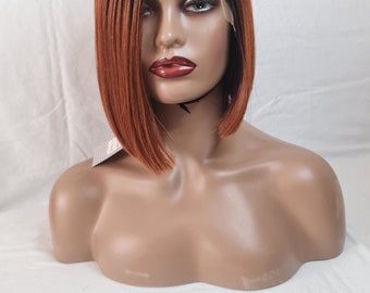 10inch Short Straight Hair Wig For Black Women Side Part Lace Bob Wig| Side Part Ombre Brown Short Bob Lace Front Wigs Pre Plucked Hairline