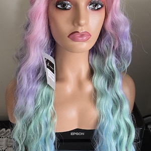 Rainbow Deep wave lace synthetic wig / long Rainbow synthetic wig