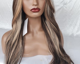 Brown straight highlight lace frontal synthetic wig/premium high heat Resistant fibre