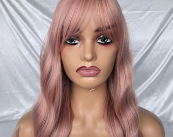 Pink wavy  wig with Bangs Shoulder-length Bob Wig With Straight Bangs / pink wavy synthetic cosplay wig