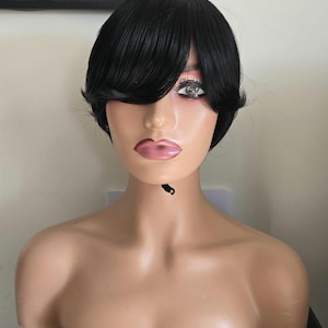 Short PixieCut black synthetic wig with bangs / black pixiecut short wigs for women