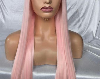 Pink Wig with Bangs, Heat Resistant Synthetic fibre