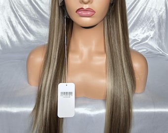 Peluca rubia miel con mechas marrones, peluca sintética con encaje frontal / peluca frontal de encaje marrón