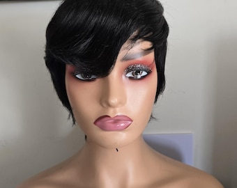 Black Pixie Cut Wig with Bangs, Layered Synthetic Hair