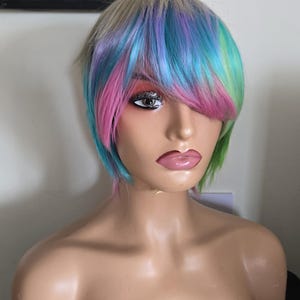 Wigs Rainbow Short Straight Wig Synthetic Wig With Bangs Cosplay Wig For Halloween Cosplay/. Short Rainbow wig /short synthetic rainbow wig