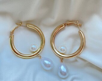 Pearl Hoops, hoops earrings, pearls earrings, gold hoops, gift for her, bridesmaid earrings