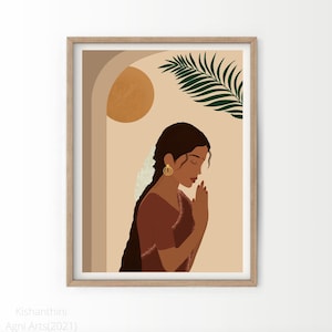 Hindu Woman Worshipping Art | Wall Art Print | South Asian, South Indian, Desi, | Instant Download | Tamil, Telugu, Mallu, Gujarati
