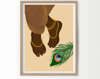 Boho Krishna Feet Wall Art, Peacock Feather Wall Decor, India
