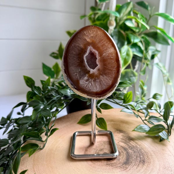 Natural Agate Geode on Metal Stand from Brazil