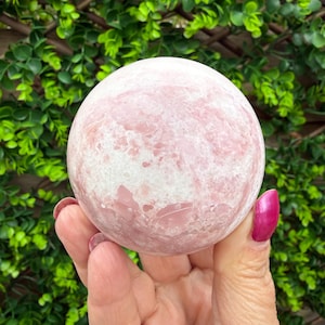 May include: A large, spherical, pink gemstone with white marbling. The polished sphere is held in a hand with a pink painted fingernail. The background is a dense arrangement of green leaves.