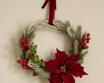 Christmas wreath, festive wreath, poinsettia wreath, winter wreath, front door wreath, red Christmas wreath