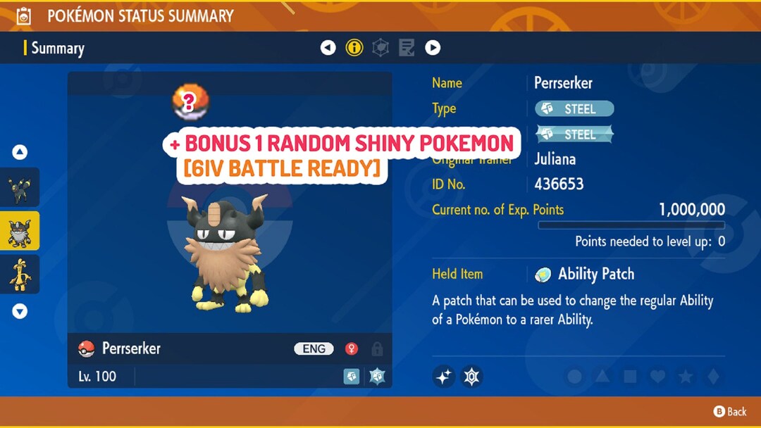 Level 100 Perrserker With Steely Spirit & Hidden Ability - Adamant 6IV EV Trained For Pokemon Scarlet/Violet Raids (Nintendo Switch)