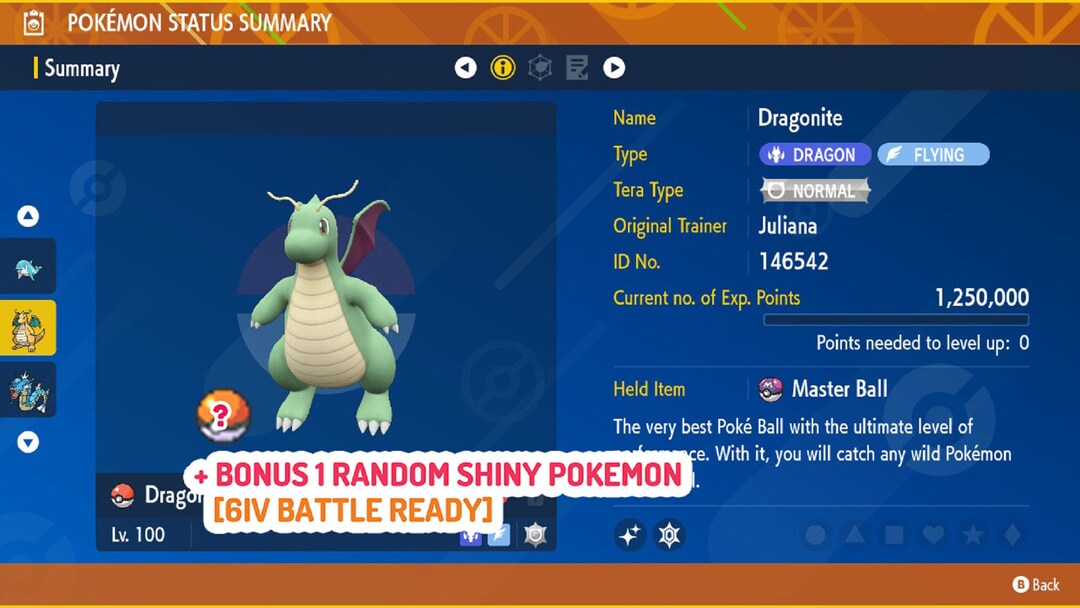 Dragonite Shiny 6IV Pour Pokémon Legends ZA - MasterBall, Niveau 100, Généré