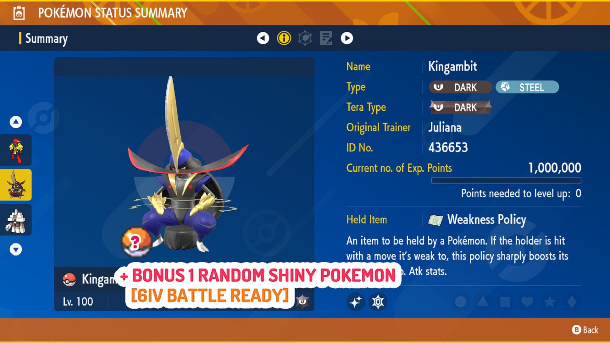 Kingambit SHINY 6IV Pokemon / Ready for competitive battle / + MasterBall /  Bonus 1 Random Pokemon / Pokemon Scarlet and Violet