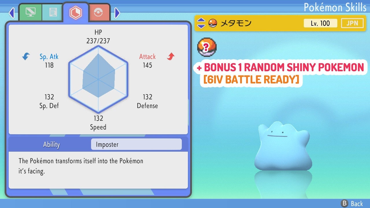 Ditto Shiny 6Ivs, Any Nature, HA, Language, Level 100 - Scarlet and Violet  - PokeFlash