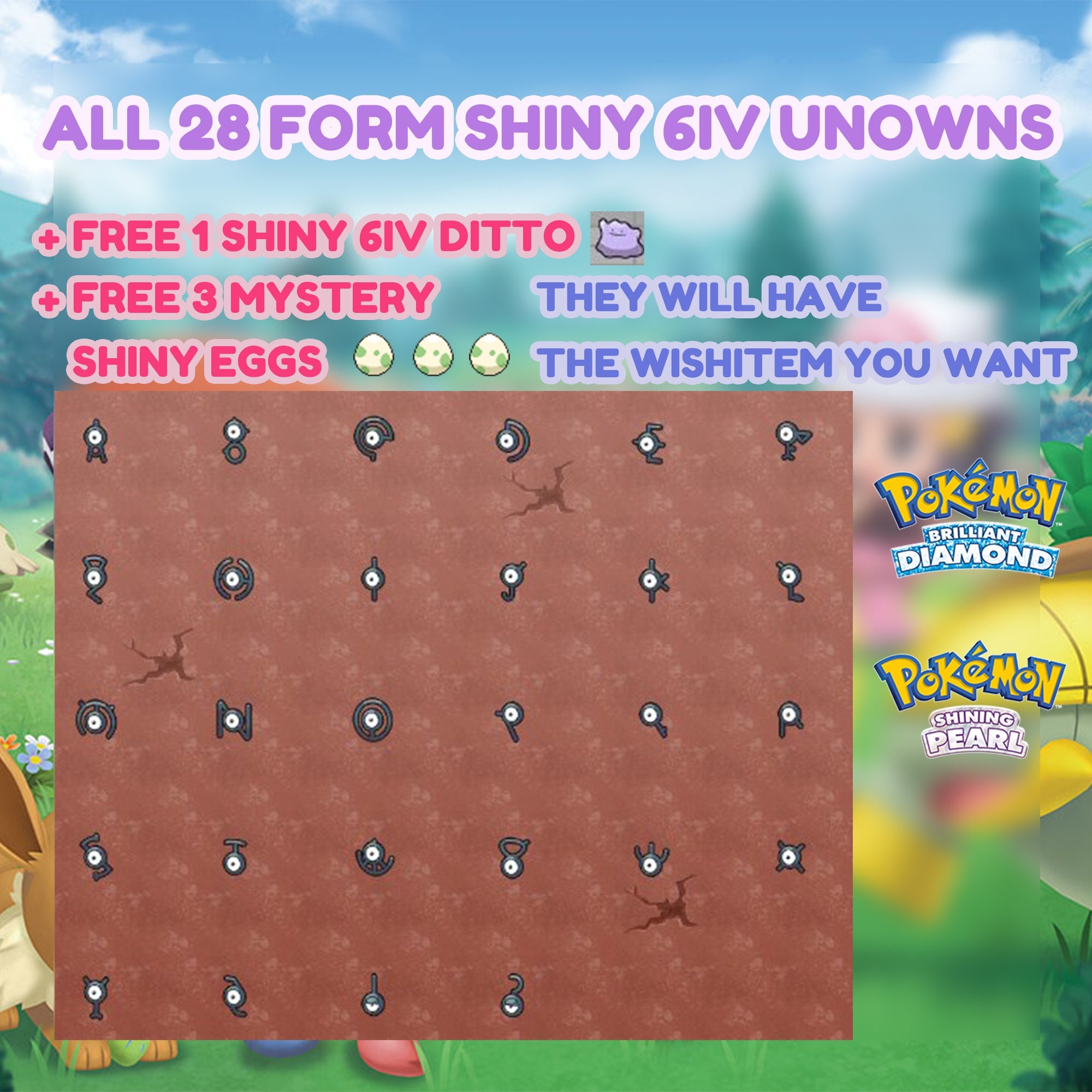 28 x Shiny 6IV Unown in all forms - A to Z, !, and ? Pokemon