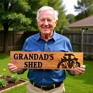 Personalised Grandad Shed Sign – Merbau Wood, Laser Engraved, Outdoor/Indoor Garage Sign, Custom Name (Pop/Pa/Fred), Keyhole Mount