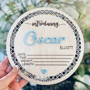 Wooden Birth Details Plaque - New Baby - Birth Announcement, Baby Name Plaque, Baby Arrival Sign, New Baby Gift, Rattan Look, Newborn