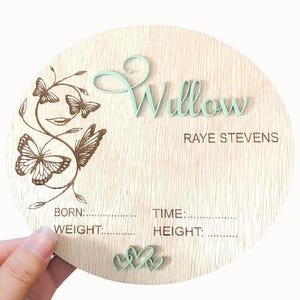 Wooden Birth Details Plaque - New Baby - Birth Announcement, Baby Name Plaque, Baby Arrival Sign, New Baby Gift, Newborn, Butterfly Disc