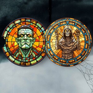 May include: Two round stained glass window designs. One features a green-skinned zombie with a yellow and orange background. The other features a mummy with a yellow and orange background.