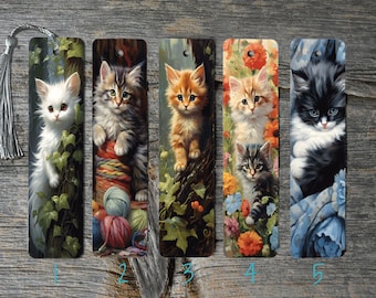 May include: Five different bookmark designs featuring cute kittens. Each bookmark is rectangular and features a different kitten with a colorful background. The bookmarks are made of durable material and are perfect for book lovers.
