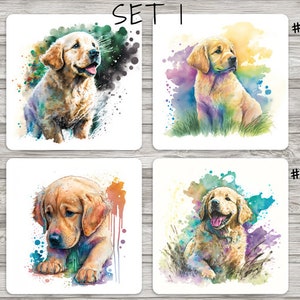 Golden Retriever Puppy Square Coaster Set 1