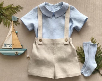 Page boy linen outfit Summer linen shorts with braces, Light blue linen shirt with collar, Boys baptism outfit