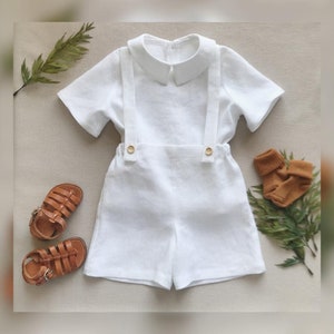 Baby christening gown Baptism outfit White linen suit Baby boy shorts with braces White linen shirt Ring beared outfit