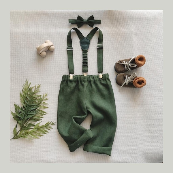 Ringträger Outfit Jungen Leinenhose mit Hosenträger Leinen Fliege Set Jungen breit Bein Hose Strand Hochzeit Outfit Geburtstag Party Familie Foto