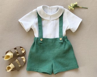 Ensemble bébé garçon, chemise en lin blanche, ensemble short porte-jarretelles, page garçon tenue, vêtements durables pour bébé, tenue de baptême