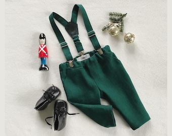 1st Christmas outfit boy Baby linen outfit Toddler linen pants and suspender set Baby suspender pants Boys linen trousers Page boy outfit