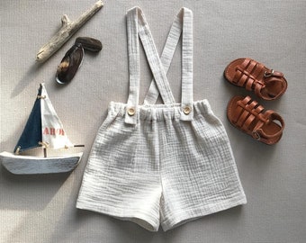 Baby boy muslin shorts Suspender shorts set, Natural clothing baby gift set, Organic cotton muslin clothes, Summer muslin shorts