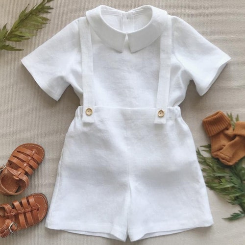 Baby Boy Linen Outfit Linen Shorts With Braces Collared Linen Etsy